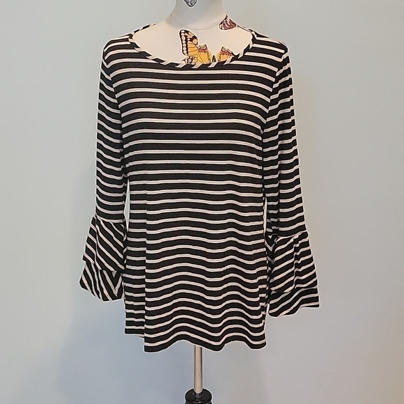 Faith and Joy Tops - FAITH And Joy Black Tan Striped Top With Scoop Neck And Double Bell Sleeves XL